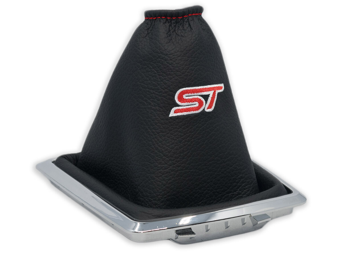FOR FORD FOCUS 2 04-07 GEAR GAITER LEATHER EMBROIDERY RED ST + CHROME FRAME
