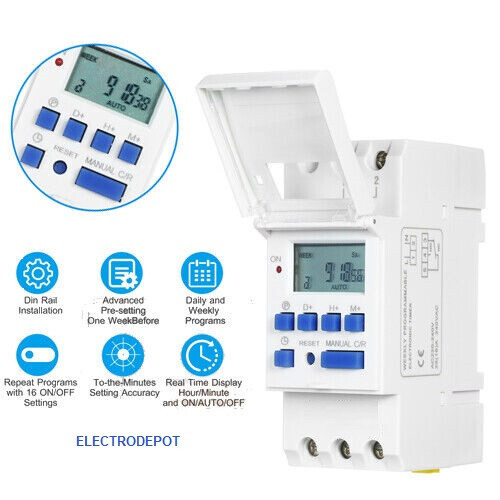 DIN Programmable 24H 7DayTimer 110V 120V 220V Time Relay Switch, Battery Backup