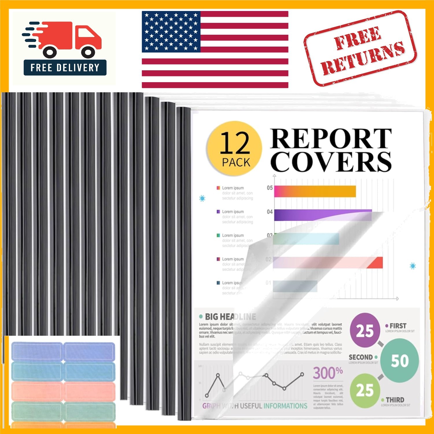 Professional Clear Report Covers - 12 Pack with Labeling Stickers and 70 Sheets