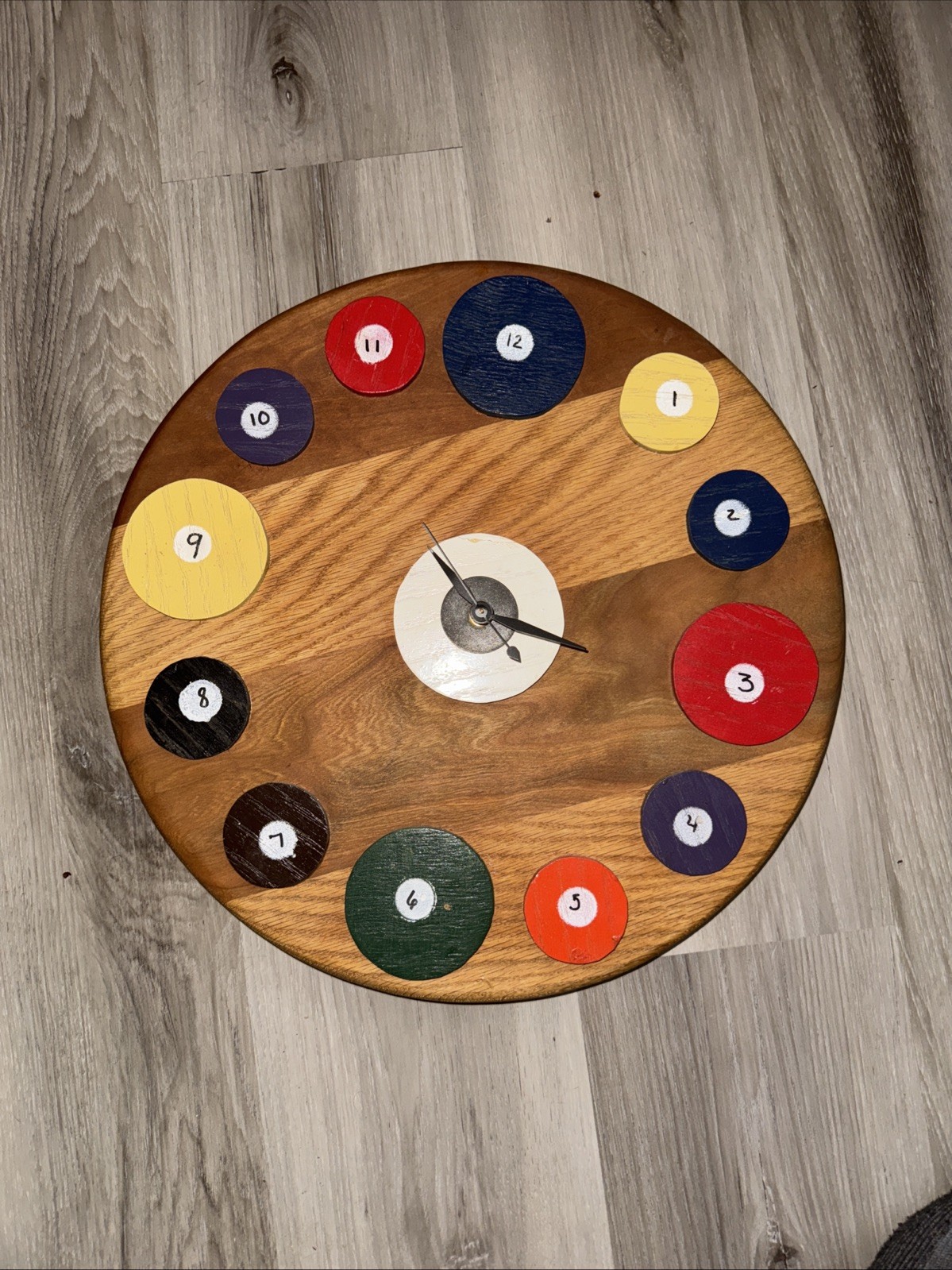 Handmade Wooden Wall Clock – Billiard Ball Numbers – Unique Pool Table Decor