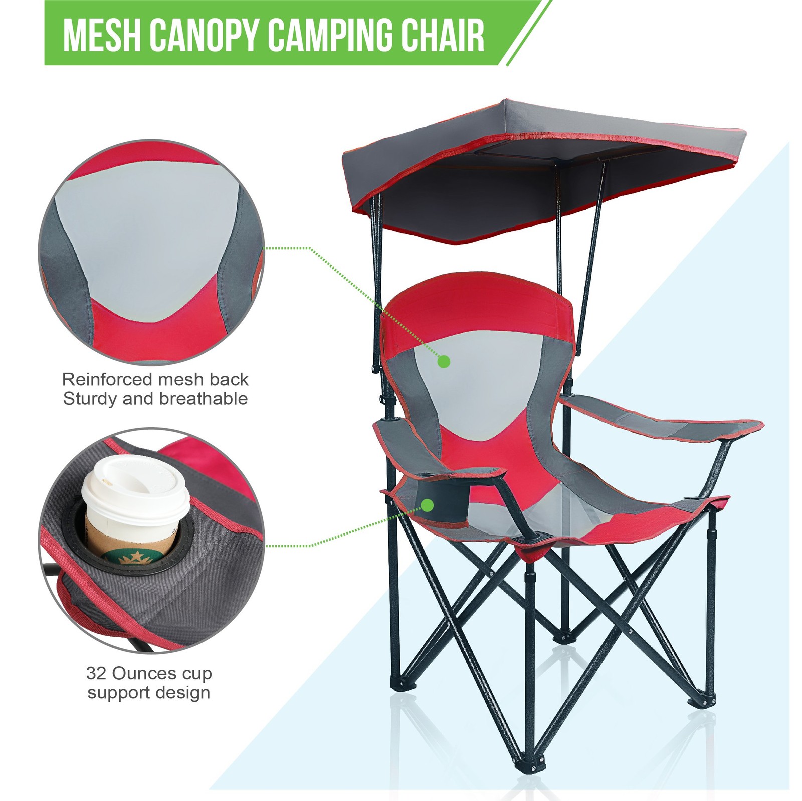 Heavy Duty Canopy Camping Chair, 350 lbs Capacity Oversized Folding Chair wit...