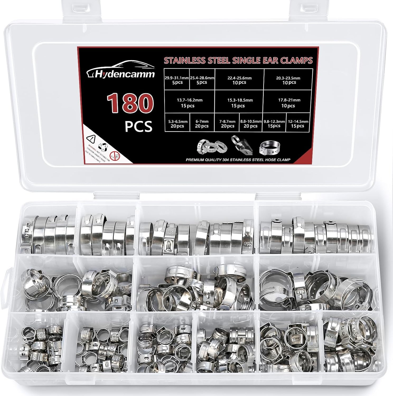 180PCS 13 Sizes Single Ear Hose Clamps, 5.3-31.1mm 304 5.3-31.1mm, Silver