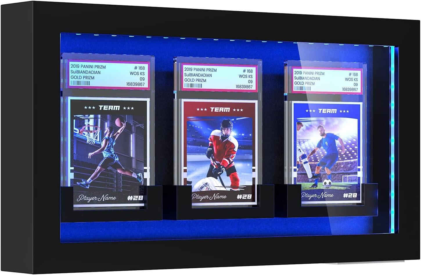 TJ.MOREE LED Lighted Wall Mount 3 Graded Sport Card Display Case for Baseball, F