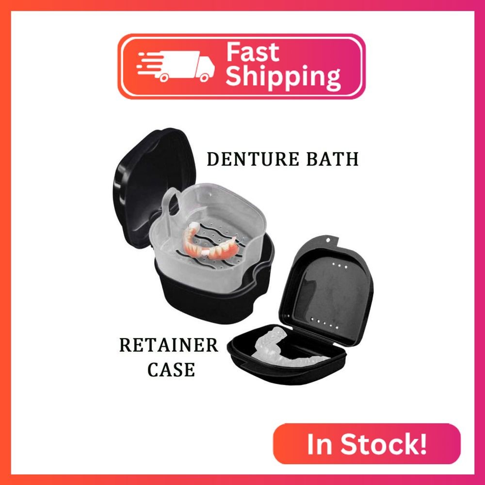 Denture Bath Case Cup with Denture Cleaner Brush & Retainer Holder Box, Complete