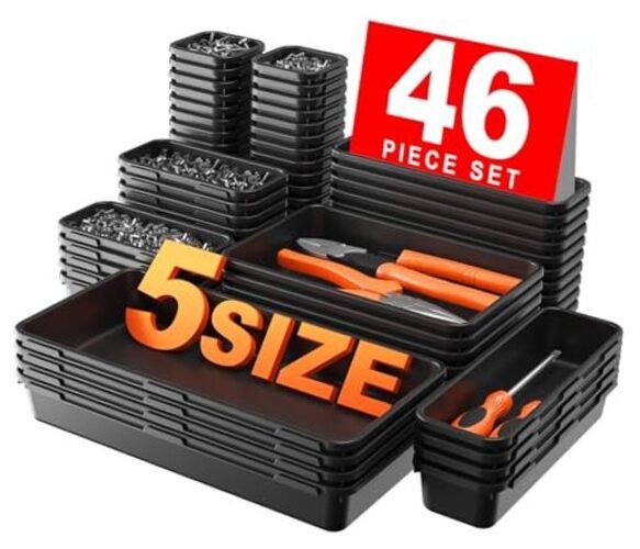 46PCS & Tool Box Organizer Tray Divider Set - Bathroom 5 Size - Black