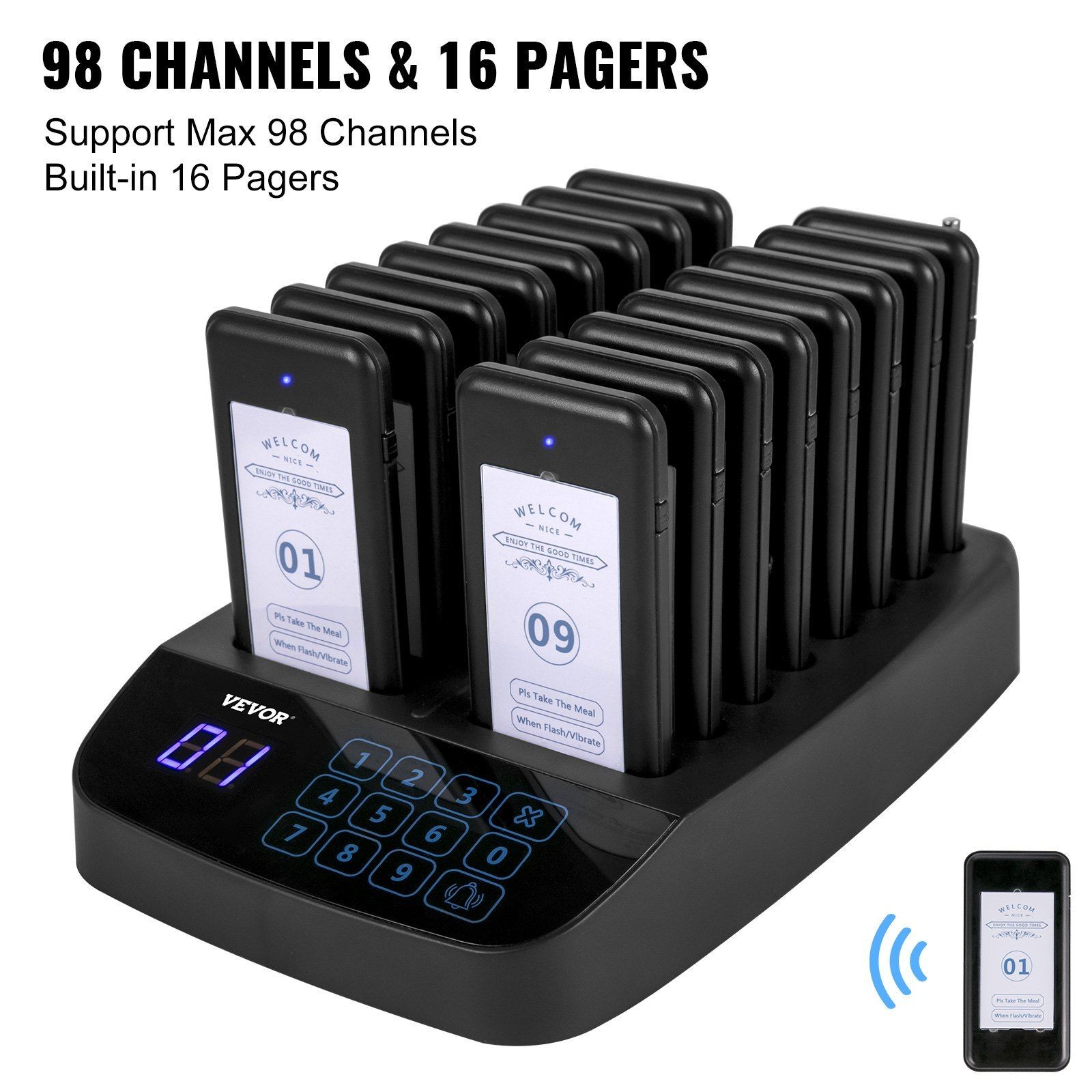 Compact Wireless Paging System 16 Handsets 98 Beepers Vibration Flash Buzzer
