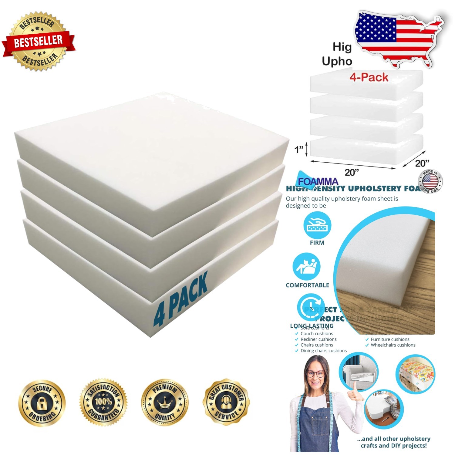 4-Pack 1"x20"x20" Firm Square Upholstery Foam - USA Made Comfort