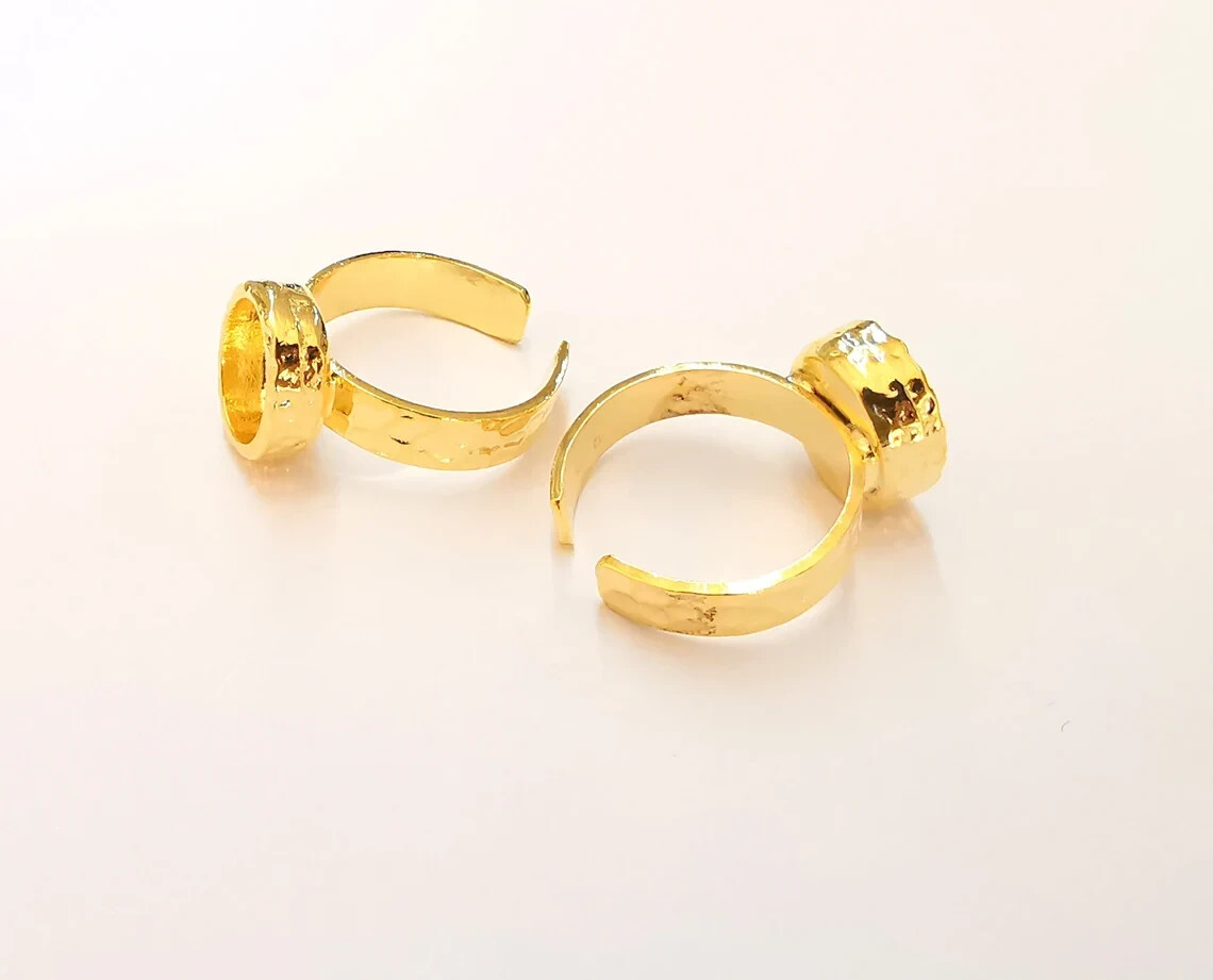 Gold Ring Blank Setting Cabochon Base Ring Hammered Mounting Adjustable Ring
