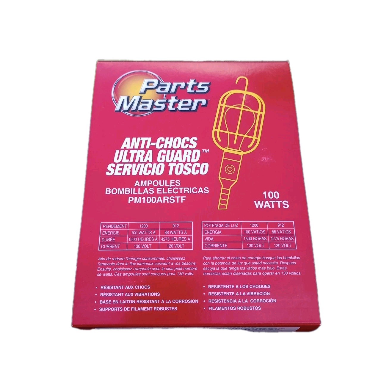 Parts Master 100 Watt Rough Service Bulbs - 4 Pack Coated Shatter Proof 1200 Lum