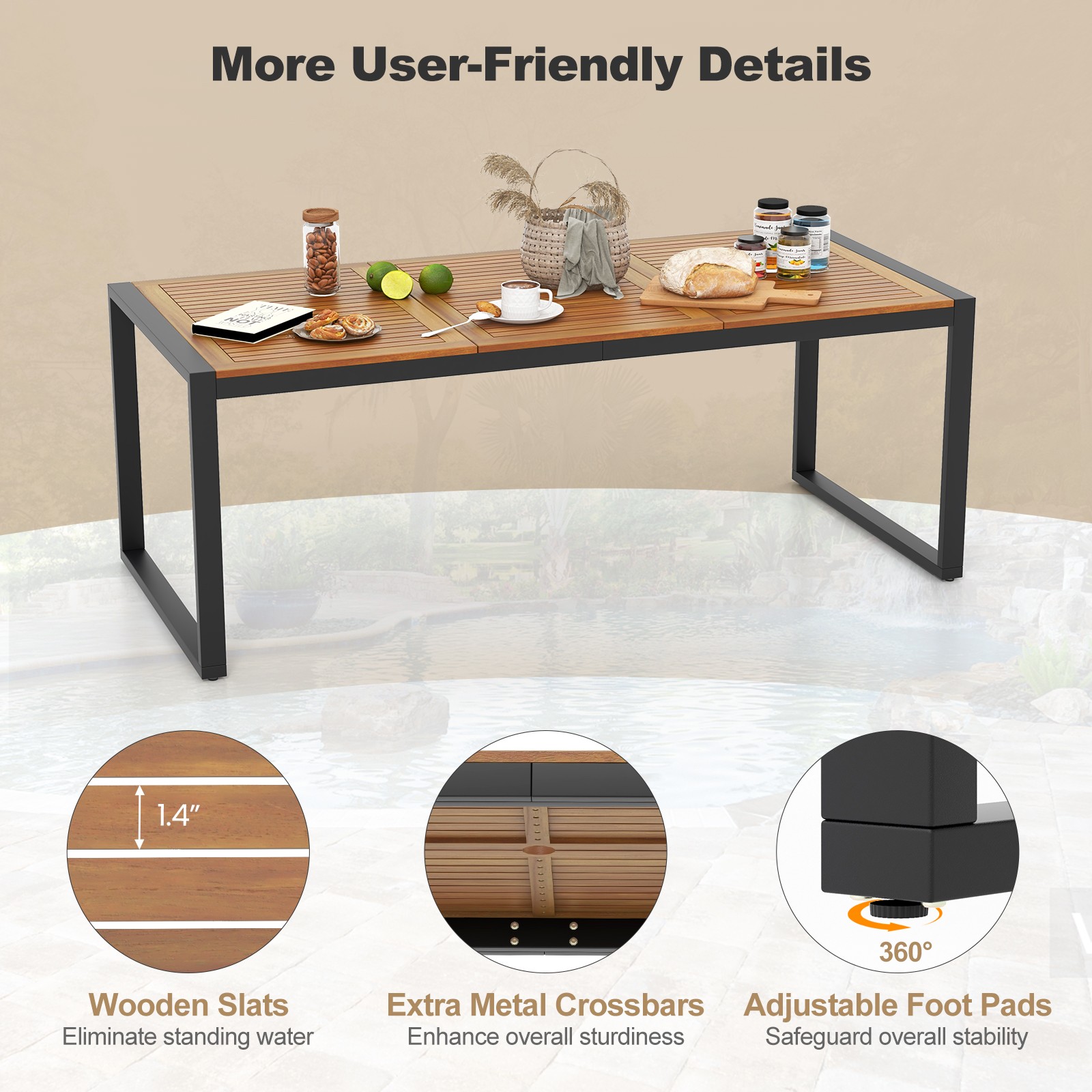 79" Acacia Wood 8-Person Patio Table w/ 1.9" Umbrella Hole, Adjustable Foot Pads