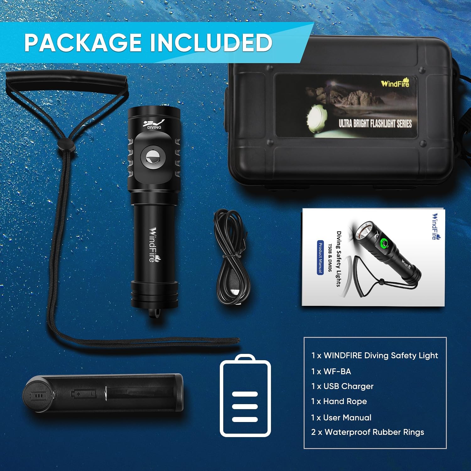 WINDFIRE Dive Light Scuba Diving Flashlight, Super Black-TS08, Black-TS08