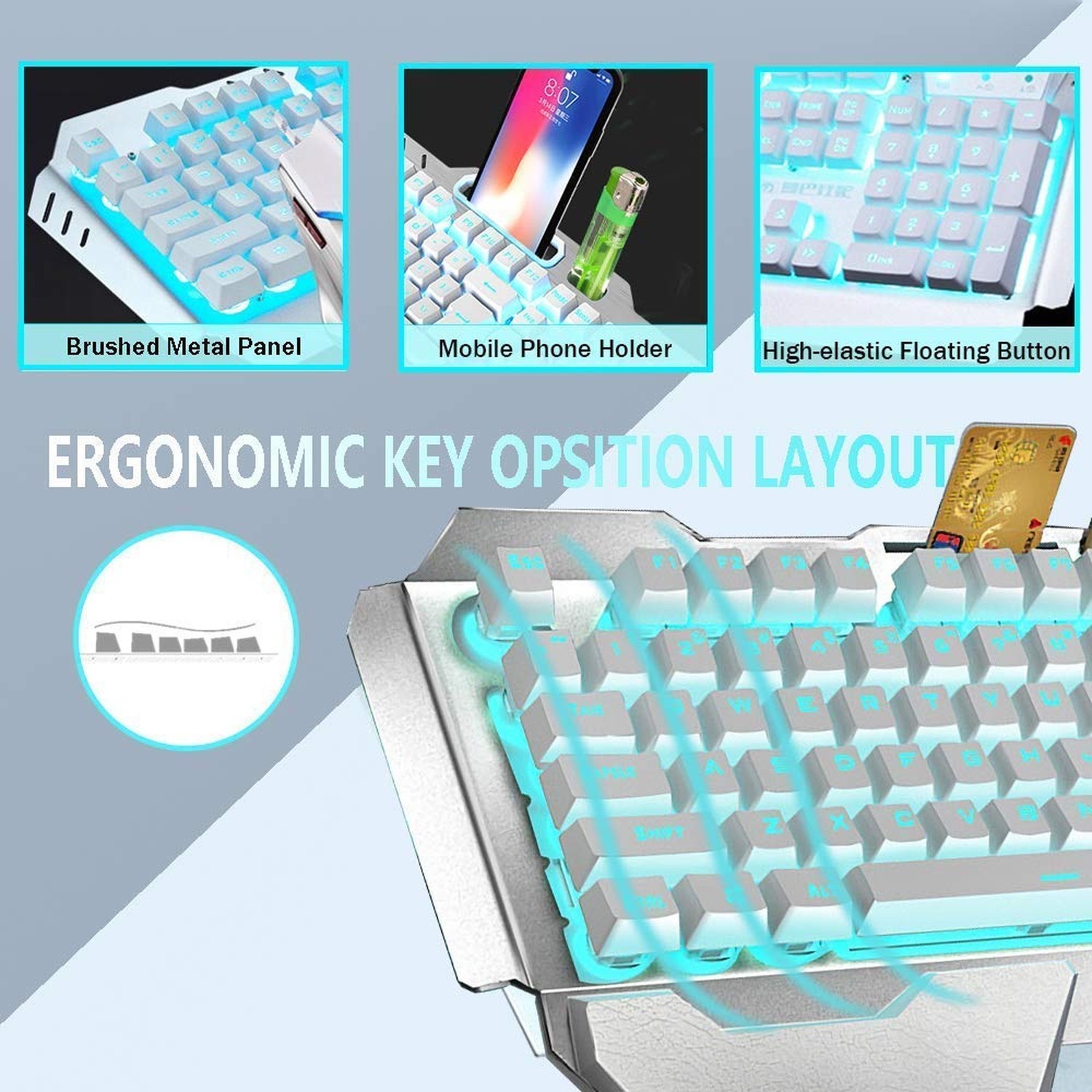 Wireless Keyboard and Mouse, Blue LED Backlit Rechargeable Keyboard with 3800...
