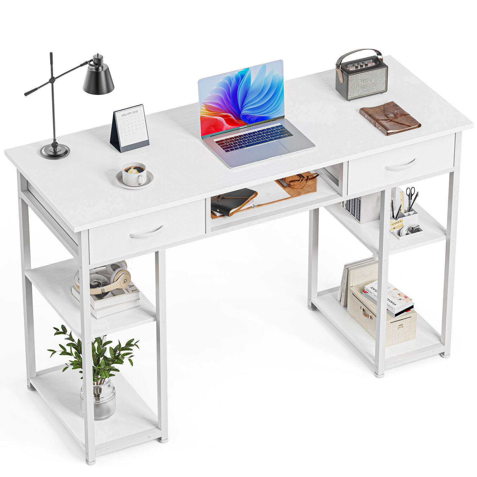 Small Home Office Desk 48in with 3 Fabric Drawers, Storage Shelf and Side Bag
