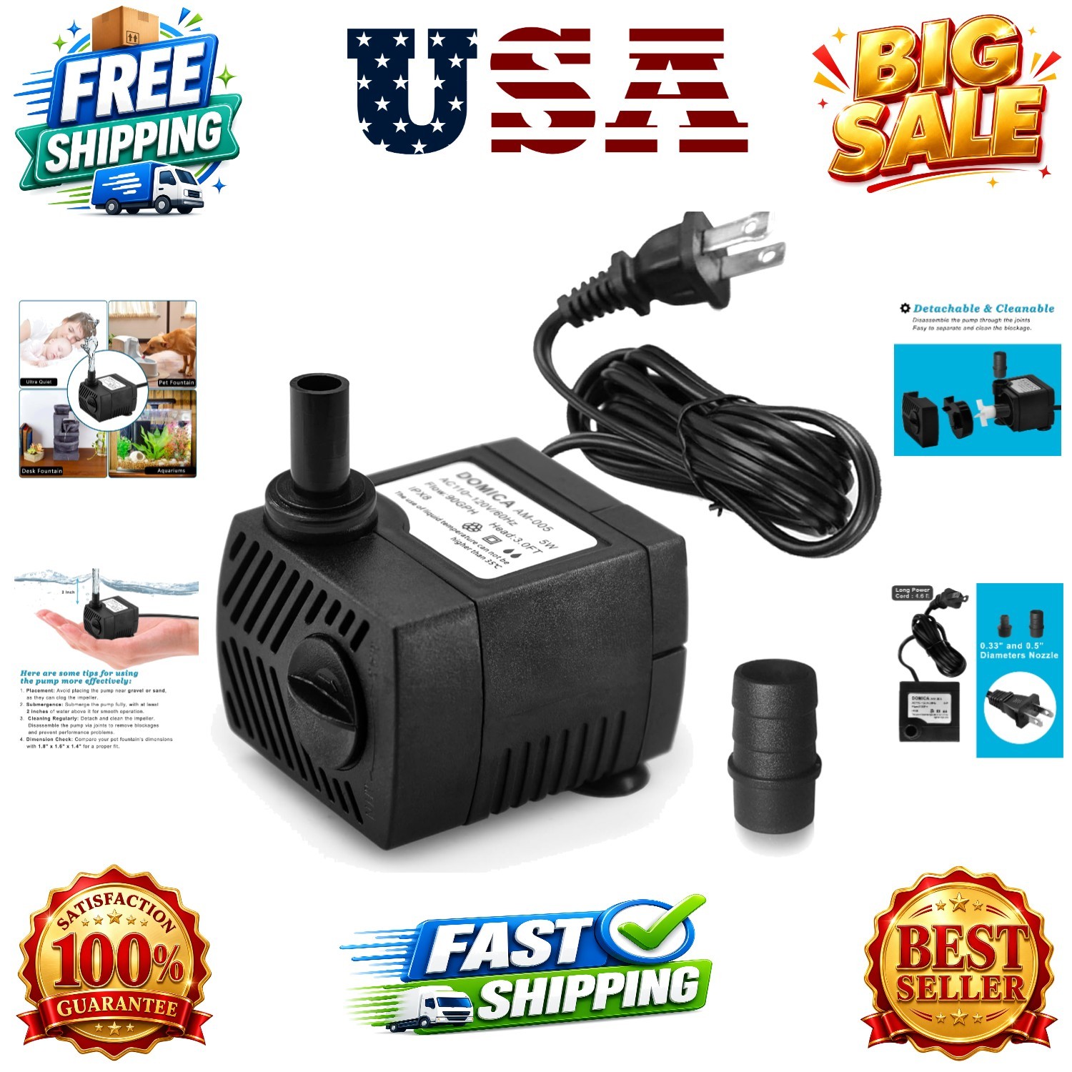 90 GPH Mini Submersible Pump, Small Fountain Pump 5W 350L/H for water feature...