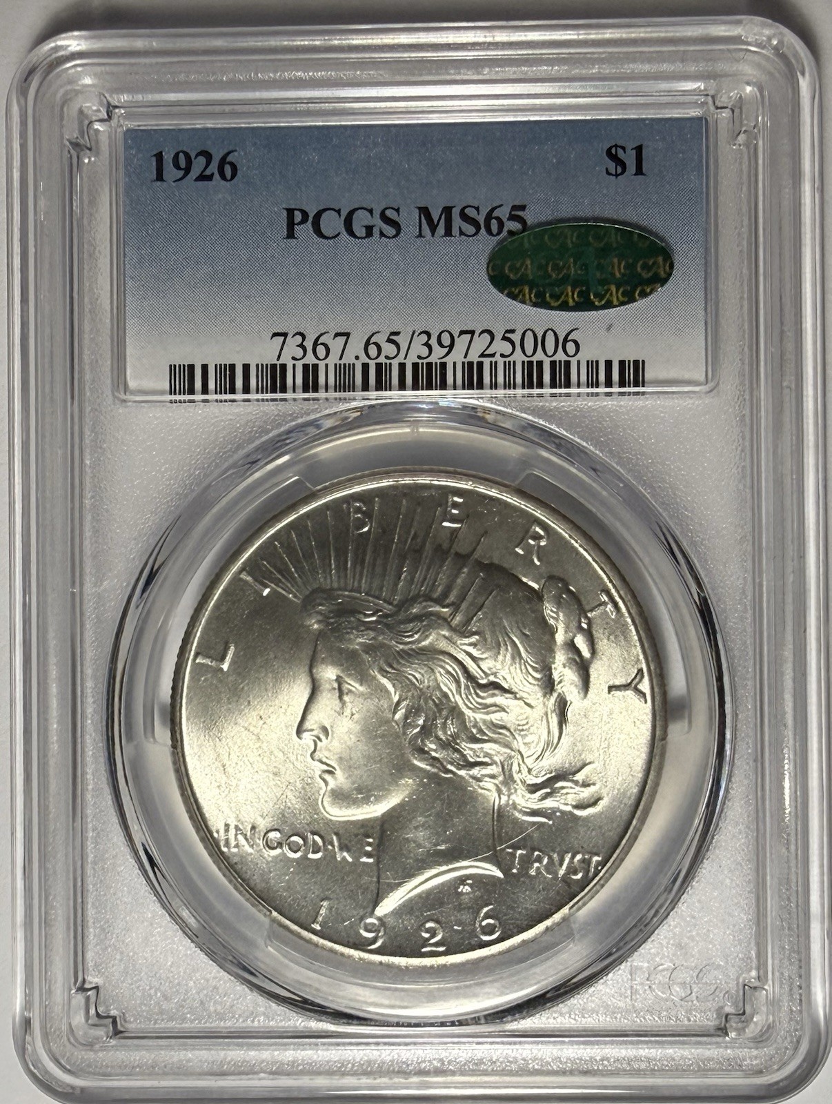 1926 Peace Dollar PCGS & CAC MS65 ‼️HIGH GRADE EXAMPLE WITH CLEAN CHEEK‼️