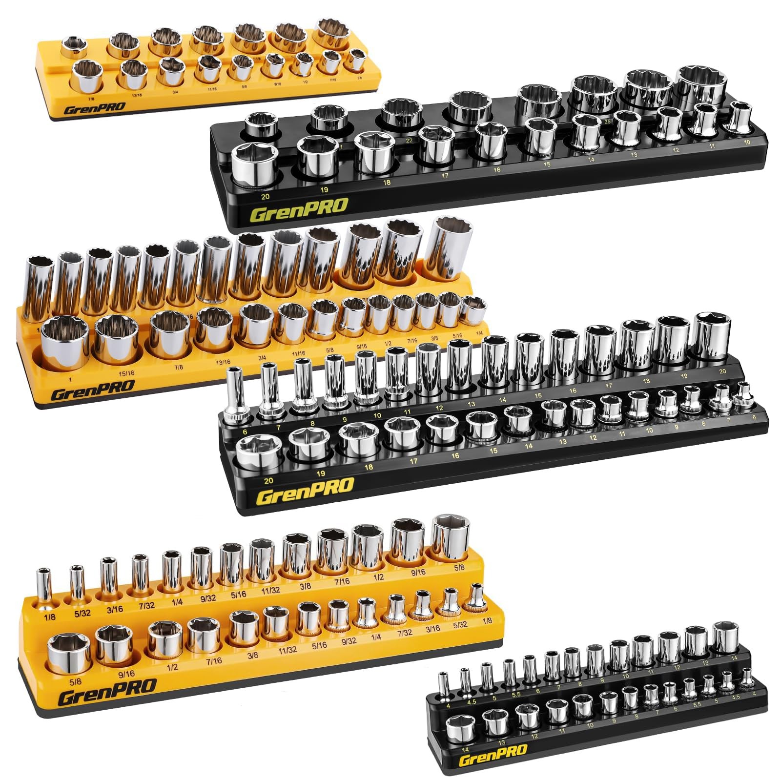GRENPRO Socket Organizer for Tool Box Drawer, 6pc 143 Metric & SAE Magnetic S...