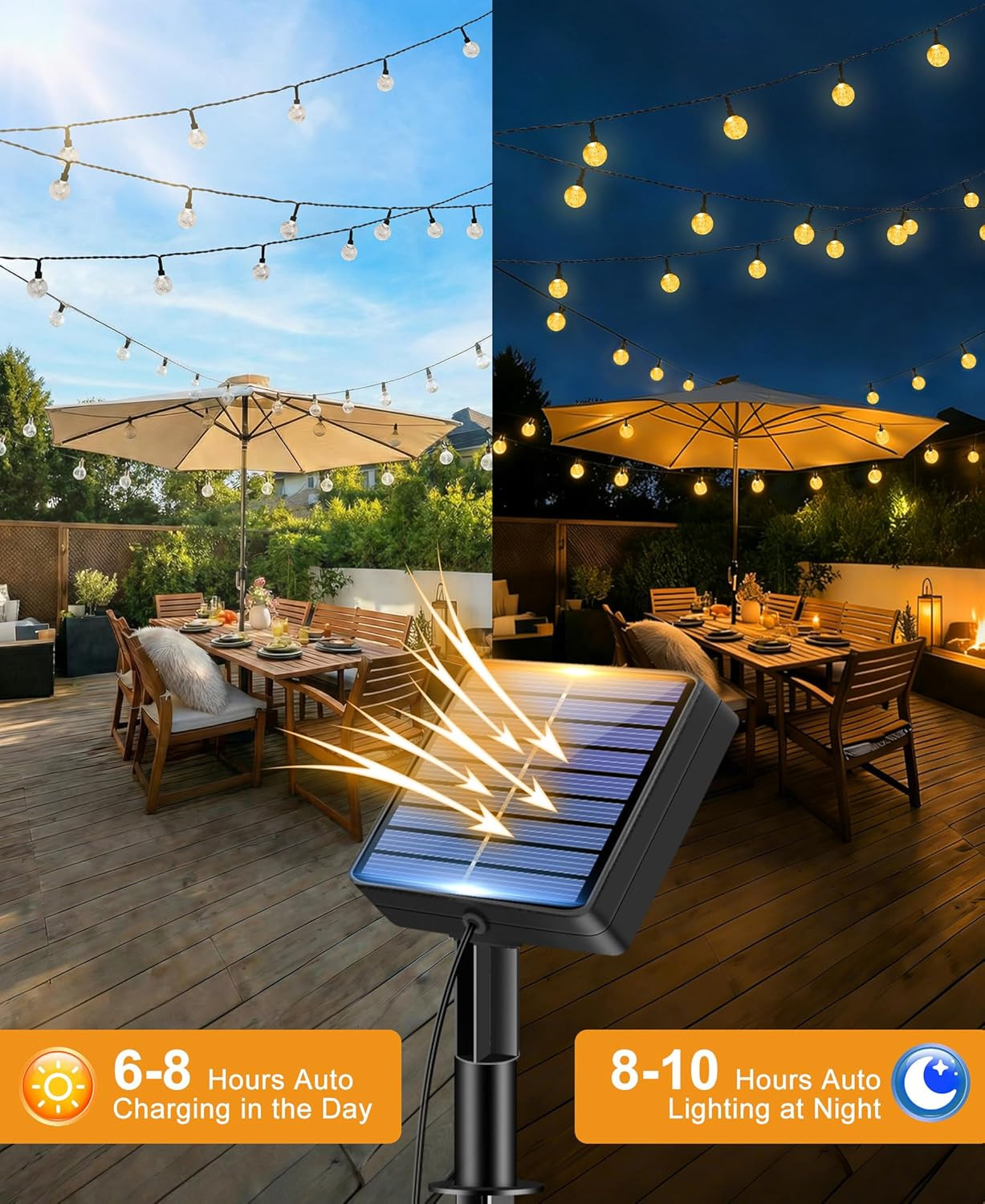 1 Pack Solar String Lights Outdoor, Total 49FT 50 LED Crystal Globe | IP65 Water