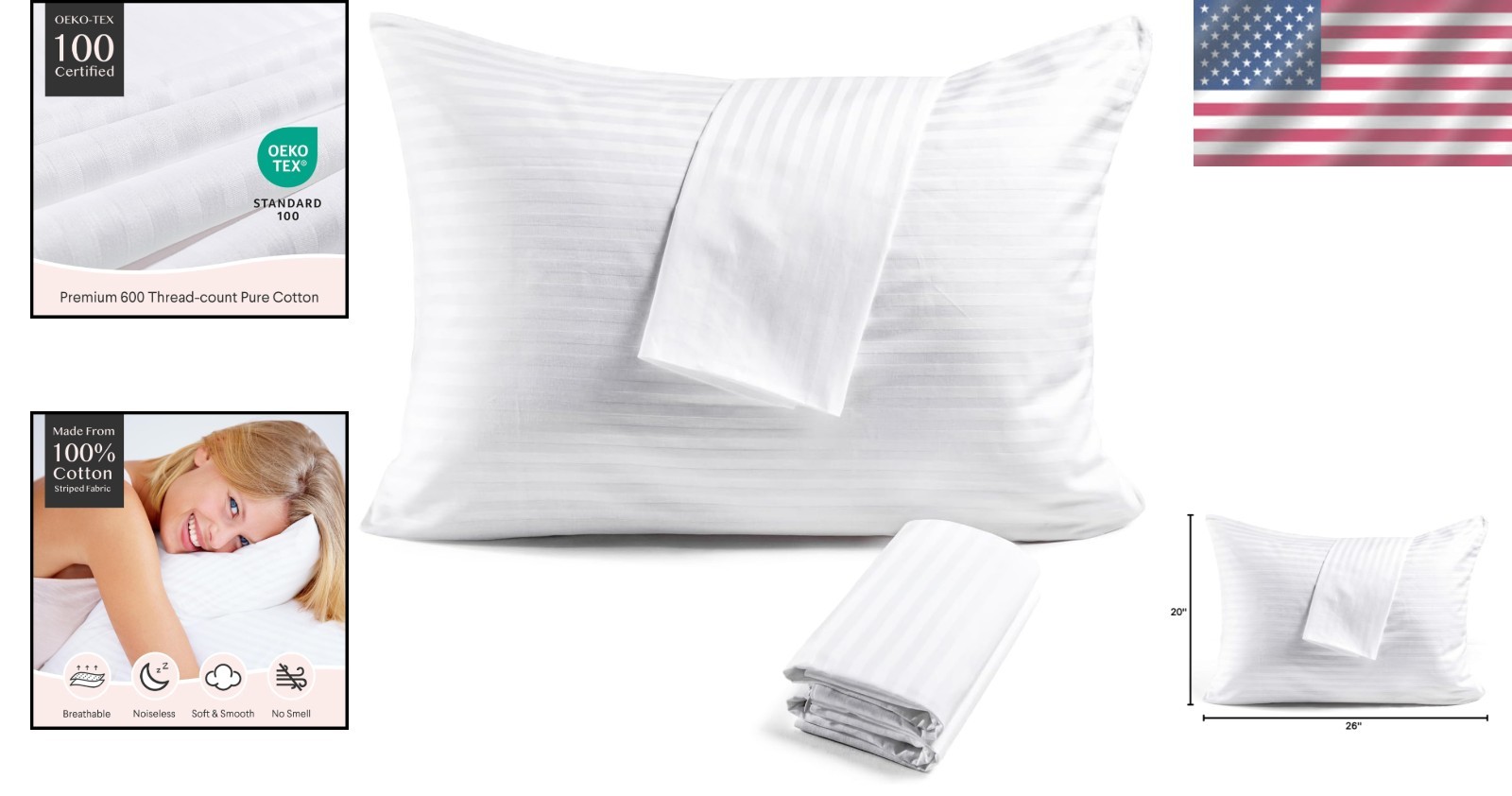 Breathable 600 Thread Count Cotton Pillow Protector Set - Standard Size, 4 Pack