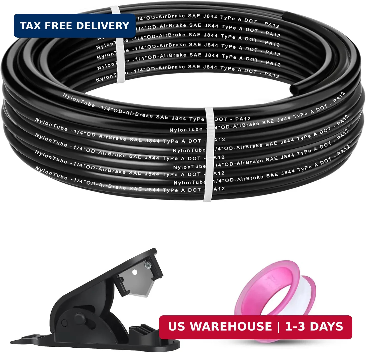 1/4" OD x 50FT DOT Air Line Black SAE J 844 PA12 Nylon Air Brake Tubing with Cut