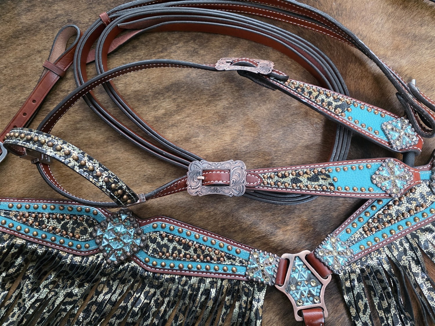 Western Headstall - Fringed Breastcollar - Reins - Metallic Leopard - Turquoise