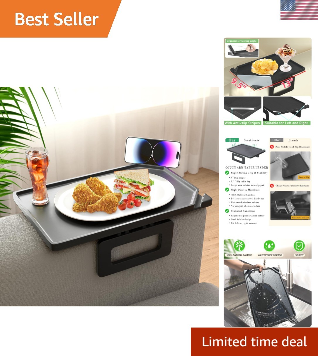 Couch Arm Tray Table Sofa Arm Clip, Armrest Tray Table Suitable for Home Drin...