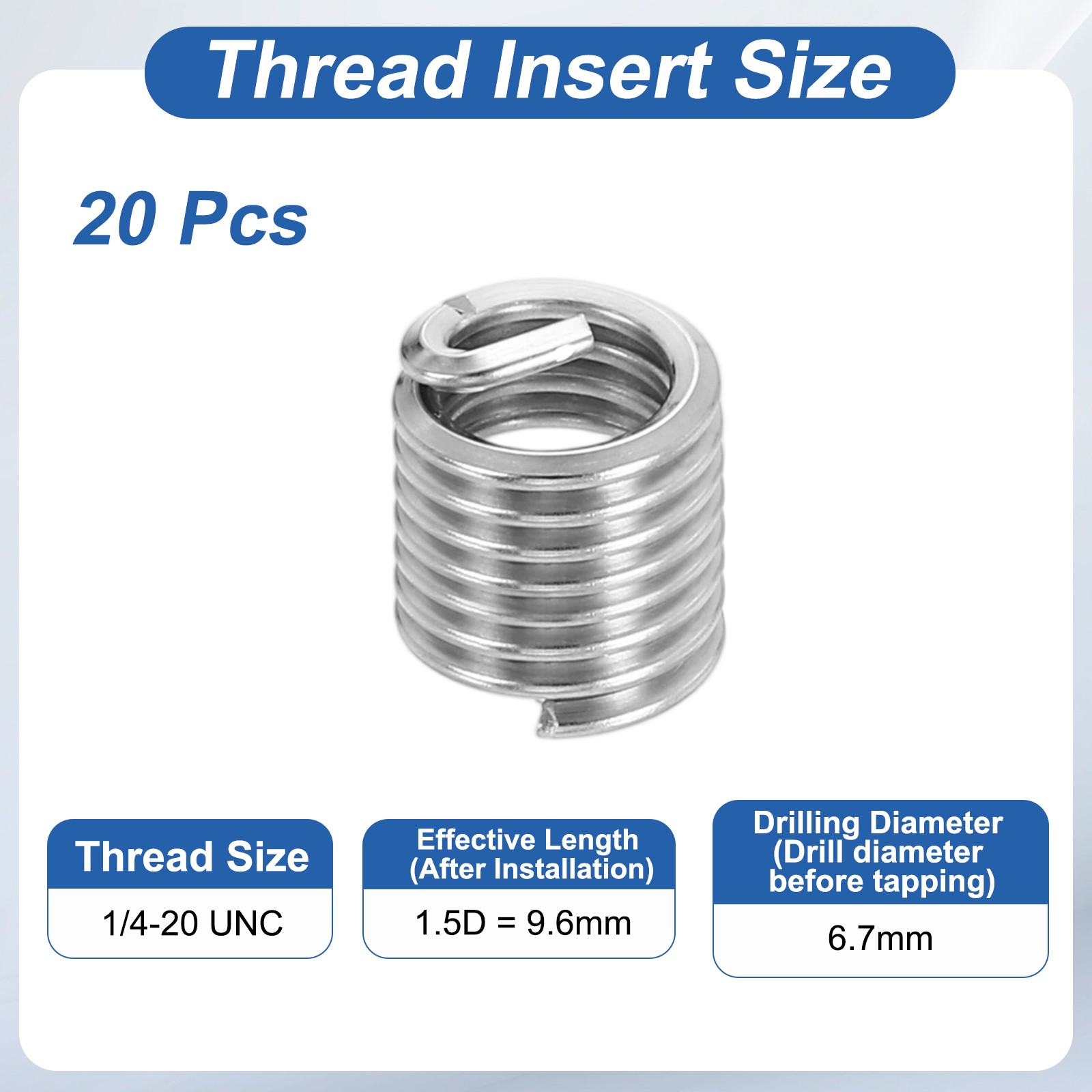 20pcs Wire Thread Inserts 1/4-20 UNC 1.5D 9.6mm Helical Threaded Sleeve
