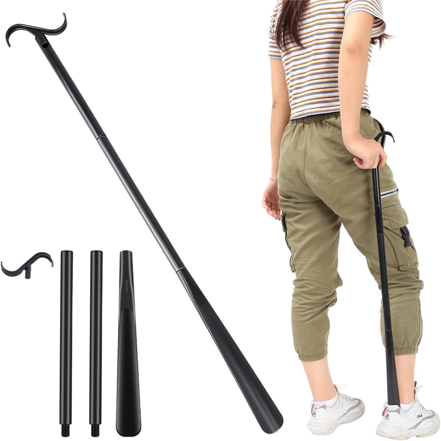 35" Long Dressing Stick with Shoe Horn & Sock Removal Tool, Adjustable Dressing