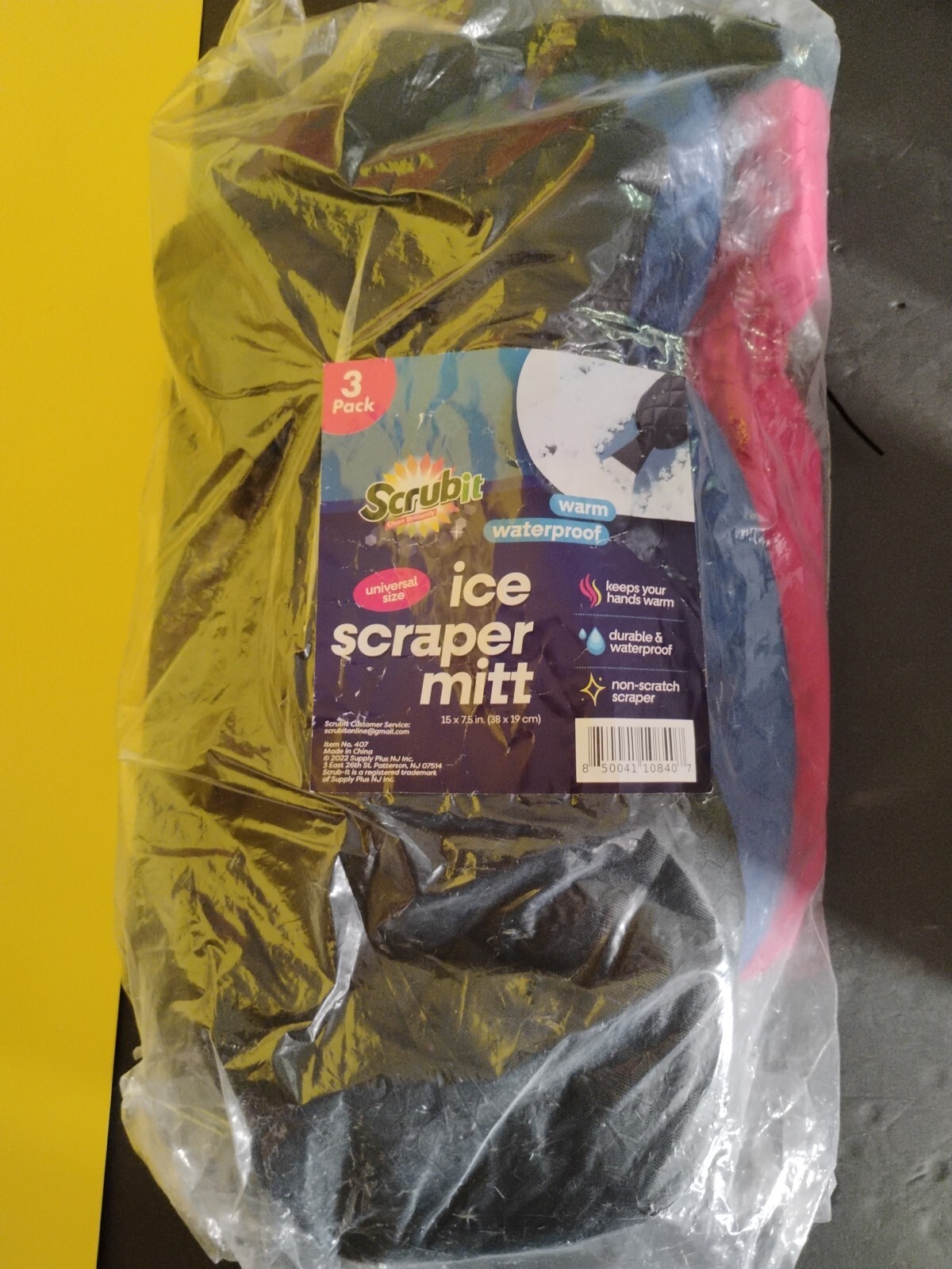 SCRUBIT 3 Pack Ice Scraper w/Glove Waterproof Snow Remover Windshield Fleece Mit
