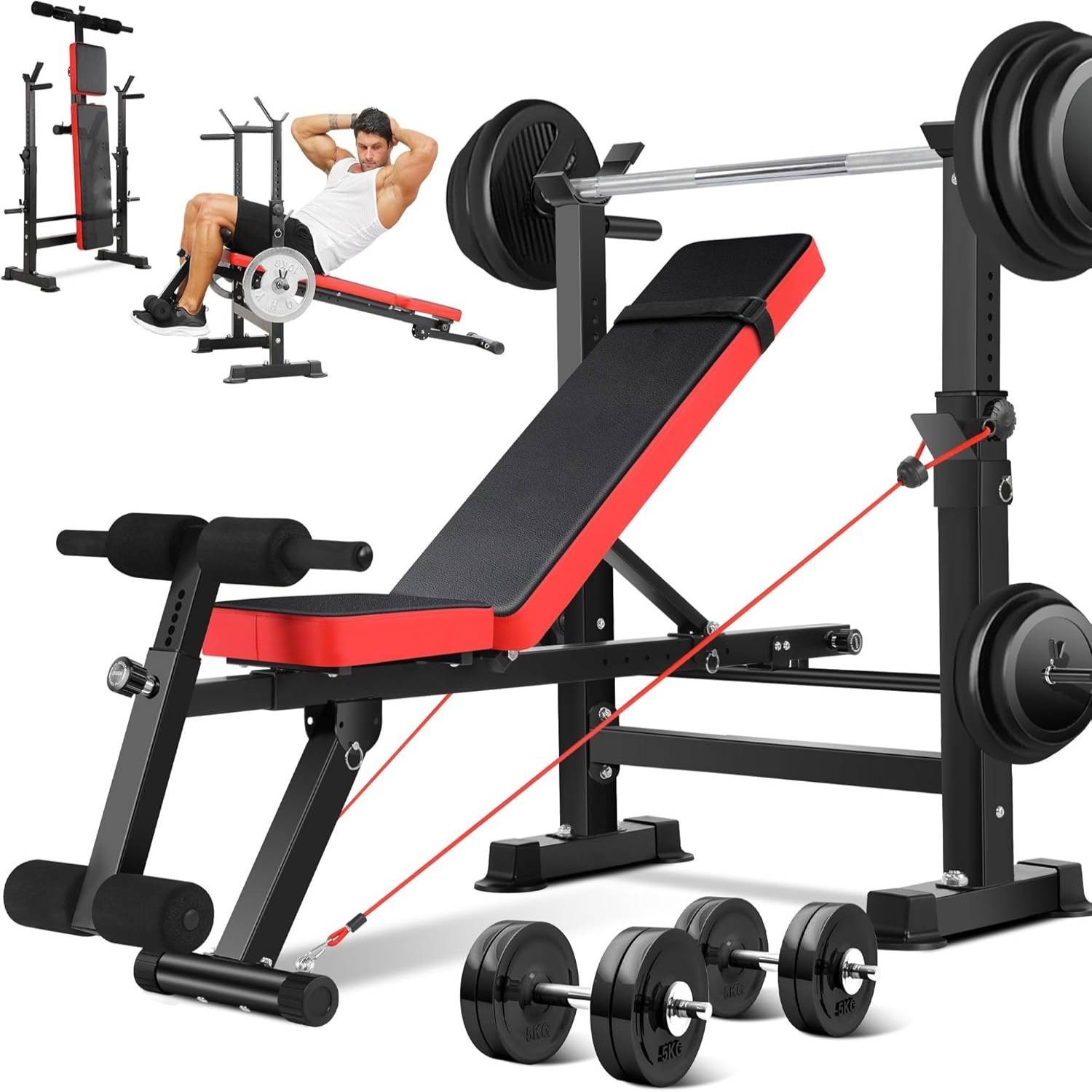 Adjustable Weight Bench 600lbs Foldable Workout Bench Strength with Barbell Rack