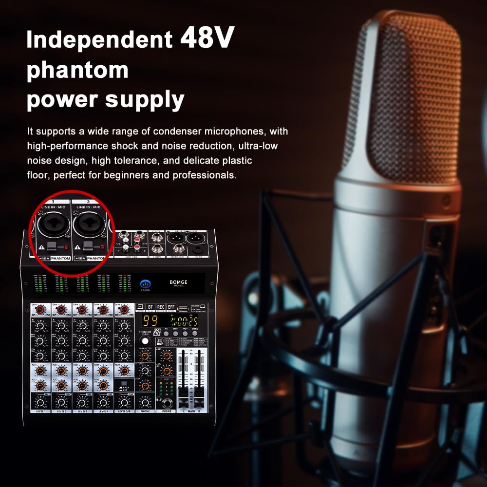 6Channel Audio Mixer with 99 DSP Effects, Bluetooth, USB, and Phantom Power