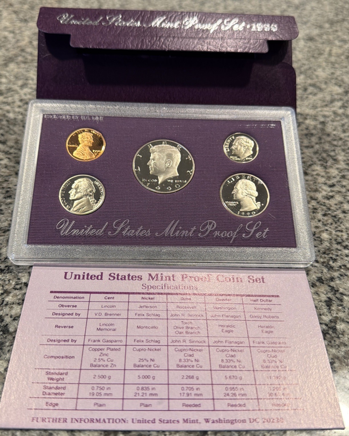 1990 US MINT Proof Set in OGP & COA Purple Box (5 Coins, CHOICE BU) 052534