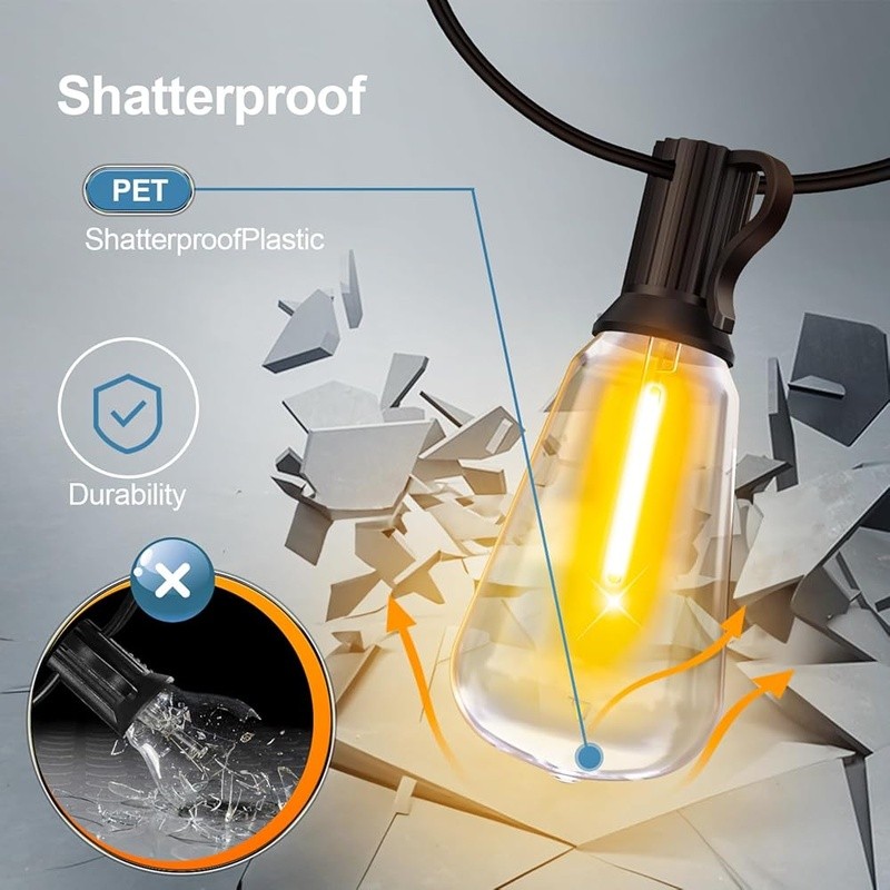 Dimmable Remote Control LED Outdoor String Lights 100FT Shatterproof Waterproof