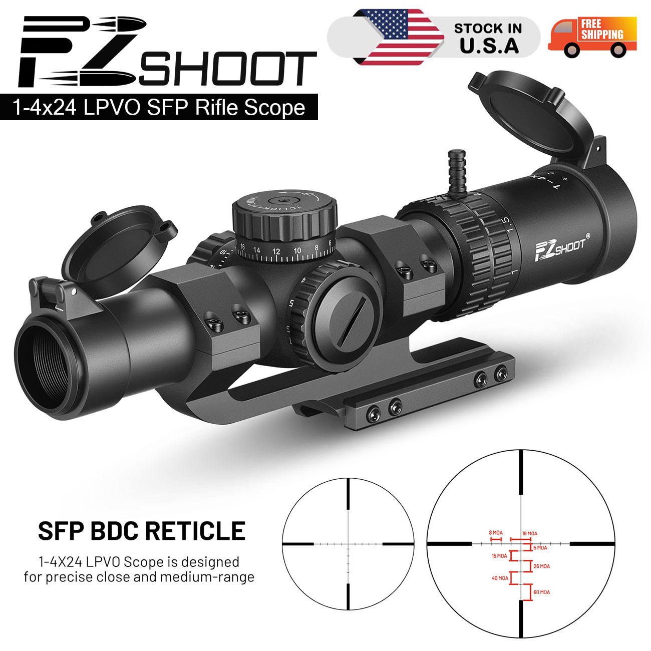 1-4x24 LPVO Rifle Scope w/RG-Illuminated BDC Reticle, Zero Reset, Onepiece Mount