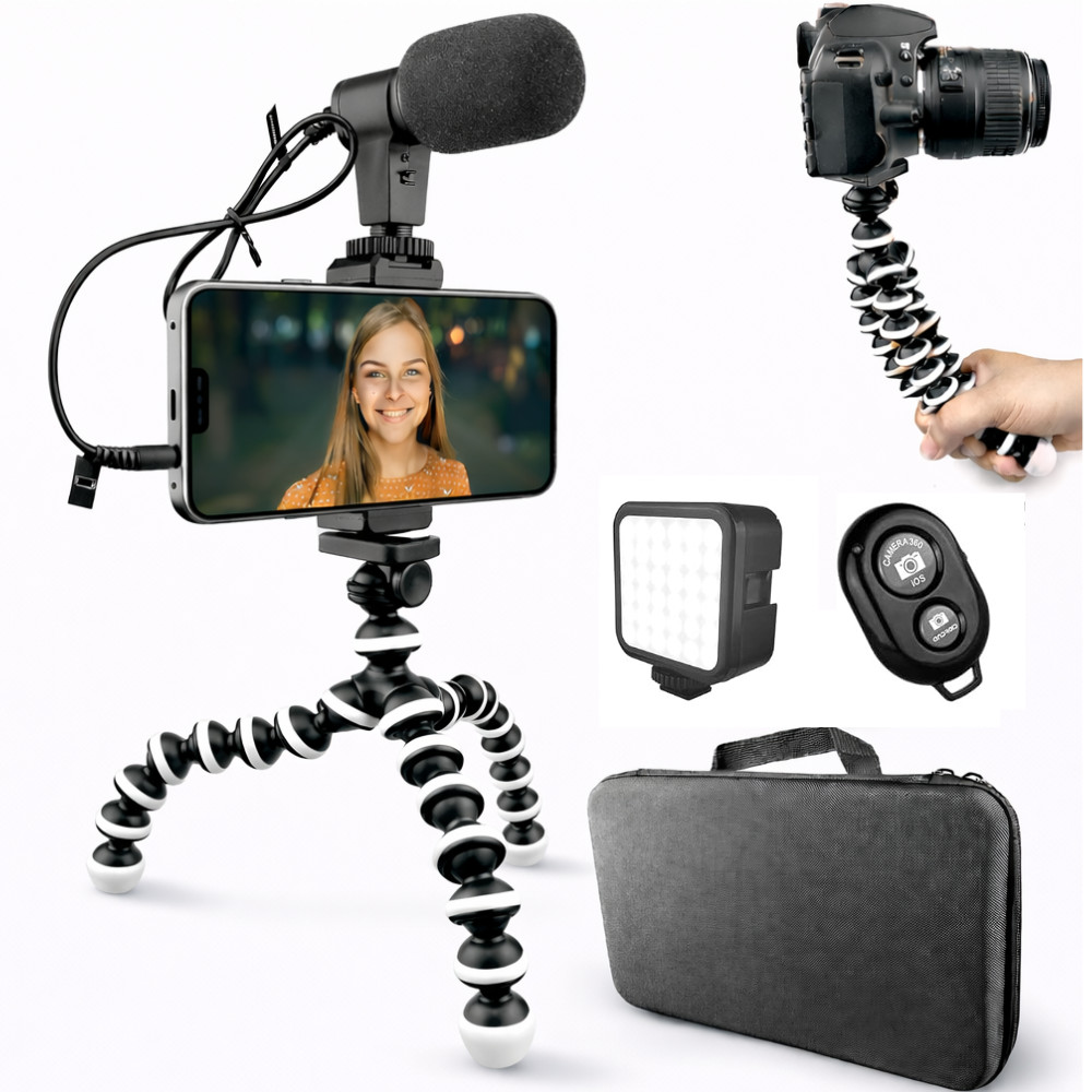 Portable Flexible Tripod Octopus Stand Vlogging Kit W Case, Light + Phone Holder