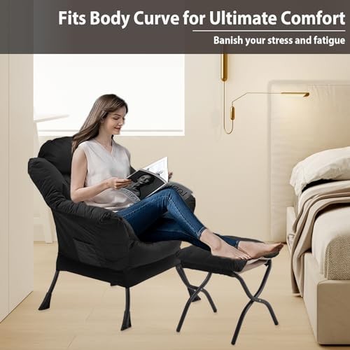 Lazy Chair with Folding Ottoman, Accent Chair Velvet Upholstered with Black-f