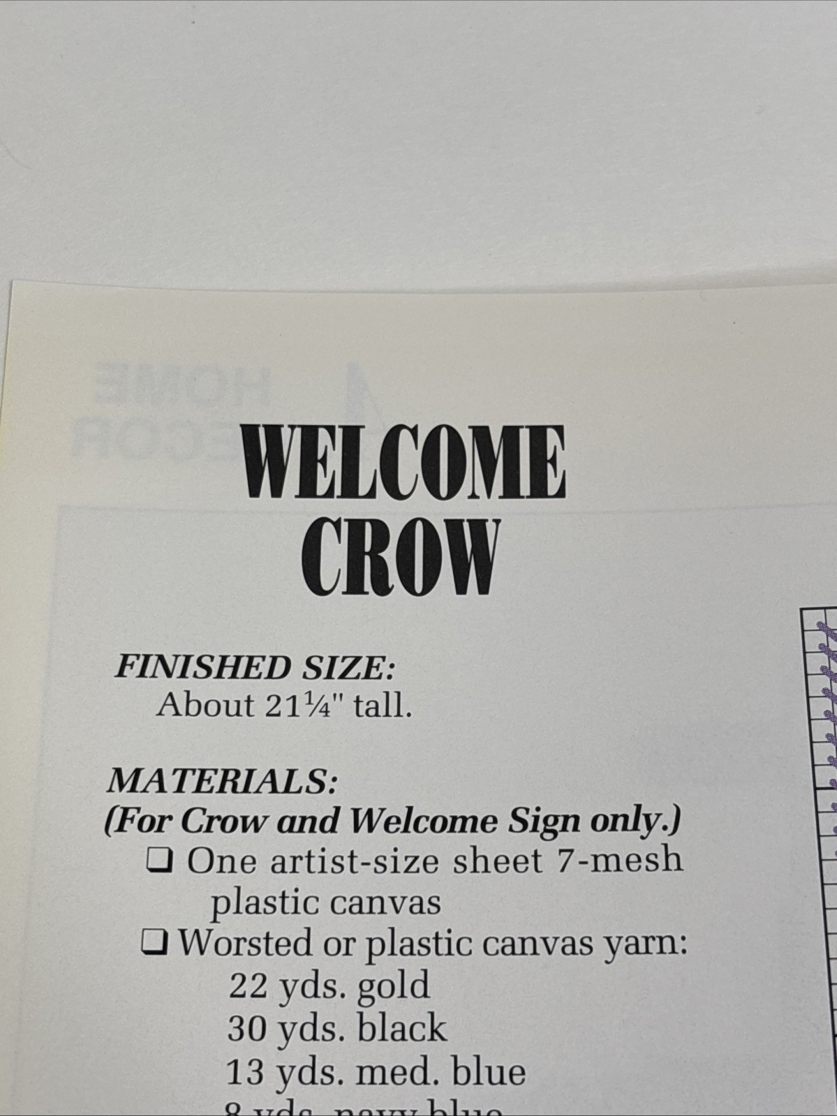 Welcome Crow Annie's Attic Plastic Canvas Pattern Page