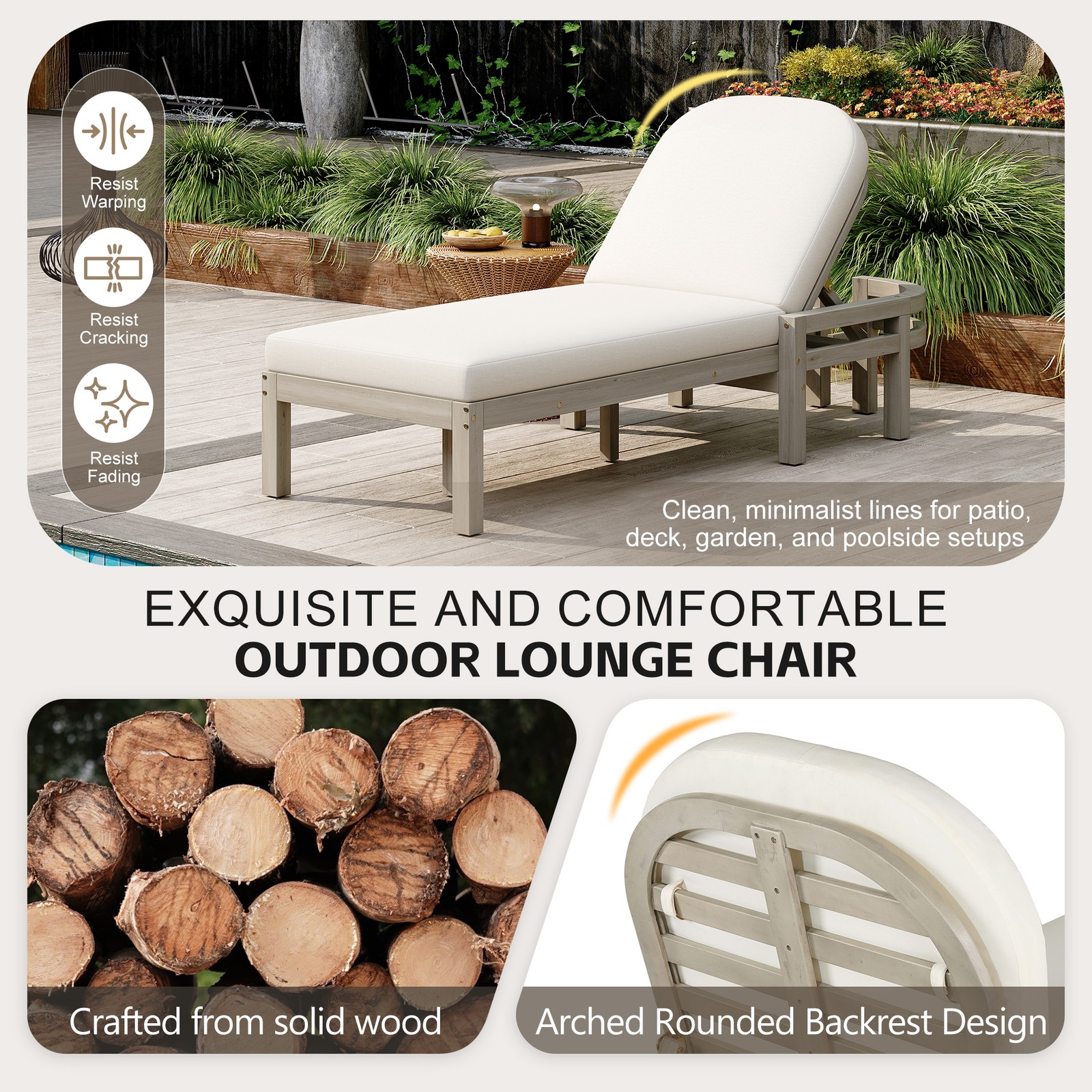 Patio Chaise Lounge Chair 2-Pack, Acacia Wood, Adjustable Backrest, Gray Cushion