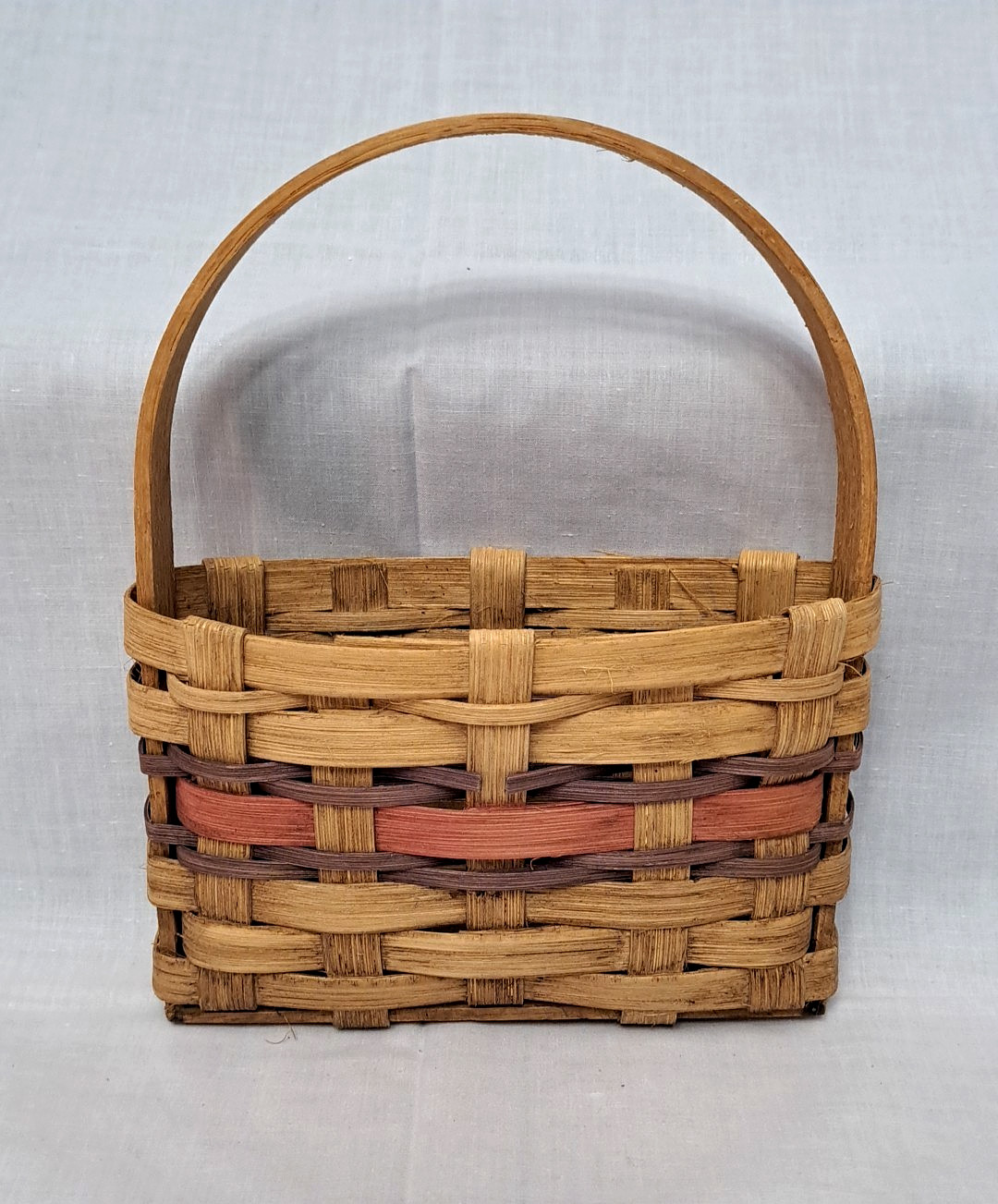 Vtg Amish Handmade Woven Splint Basket Handle Color Bands Country Kitchen Decor