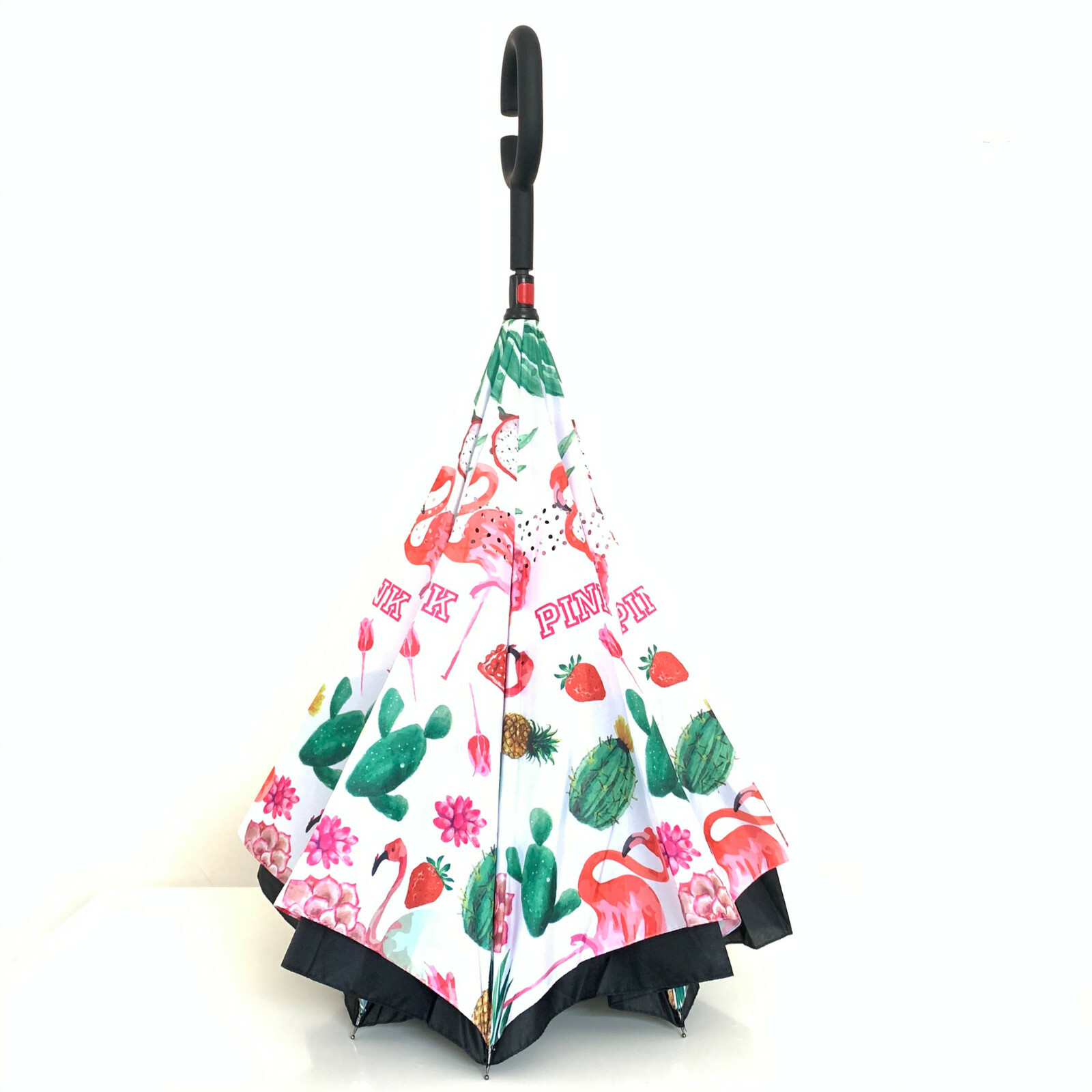 C-Handle Inverted Reverse Umbrella, Flamingo print, Inside-out, Upside-down