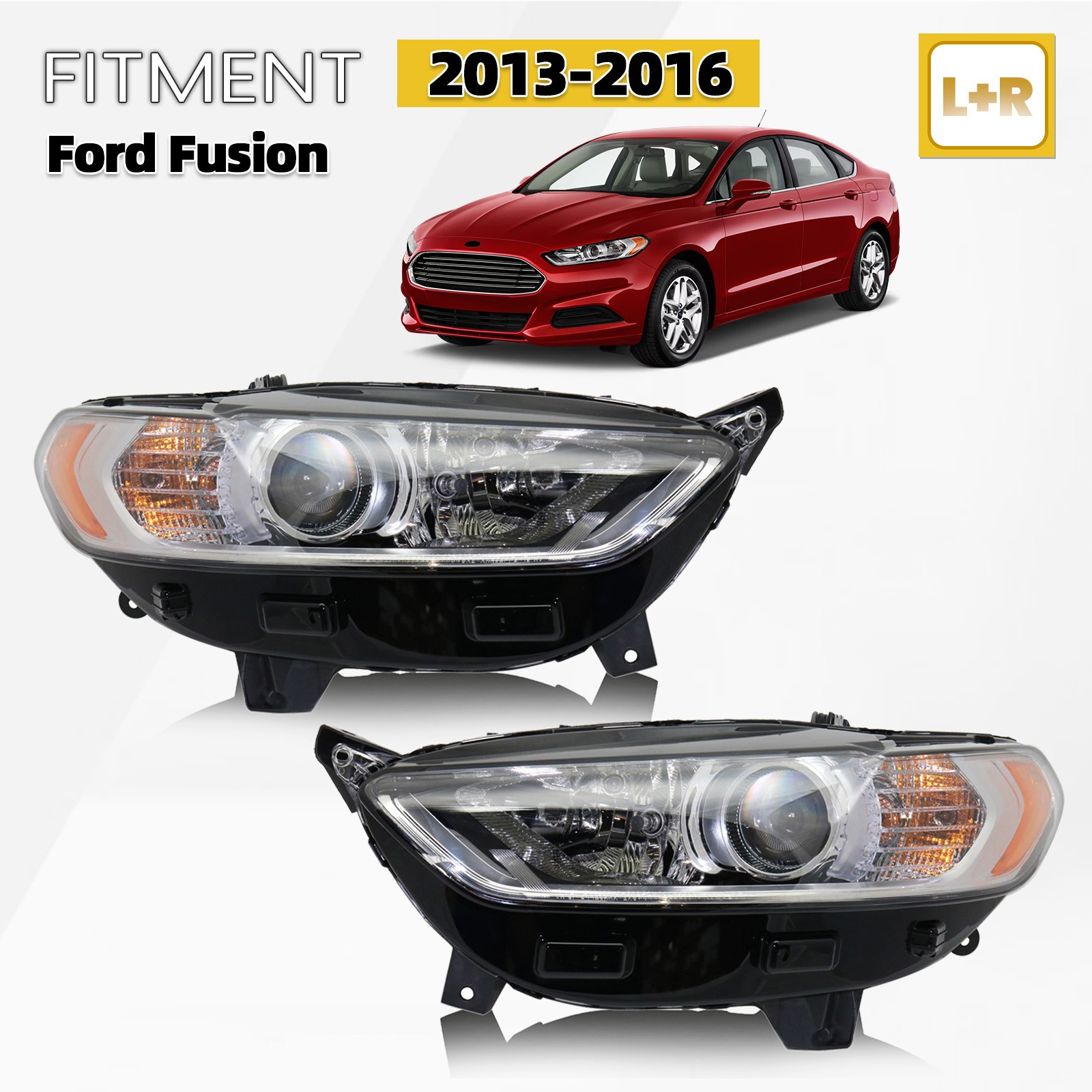 Pair Halogen Headlight For 2013-2016 Ford Fusion with Bulb Chrome Housing LH+RH