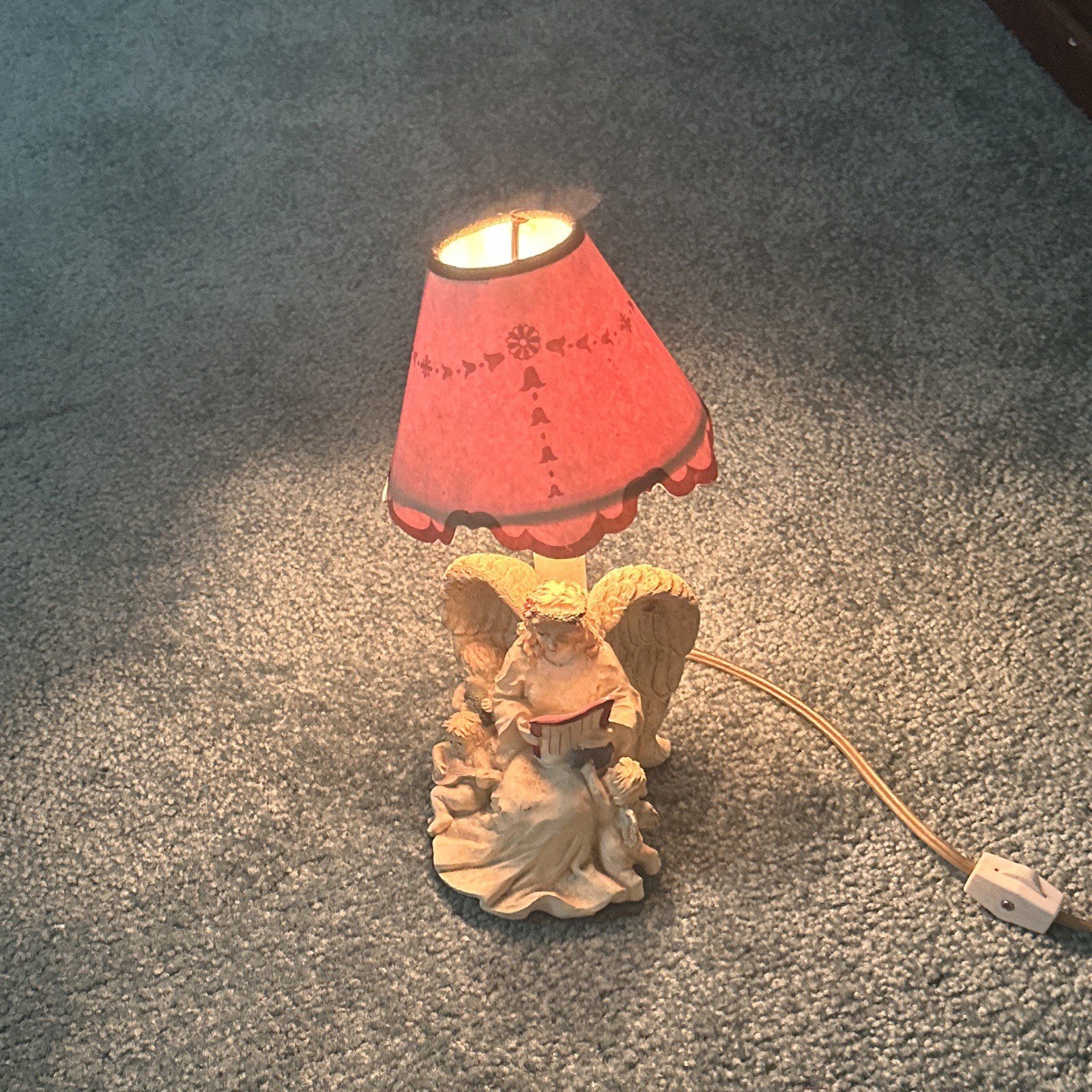 Angel Figurine Table Lamp w/ Pink Empire Shade, Resin Base, Corded Inline Switch