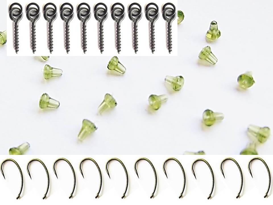 10 Teflon Hooks 10 Bait Screws Round Rings + 20 x Hook Stops Carp Fishing Tackle