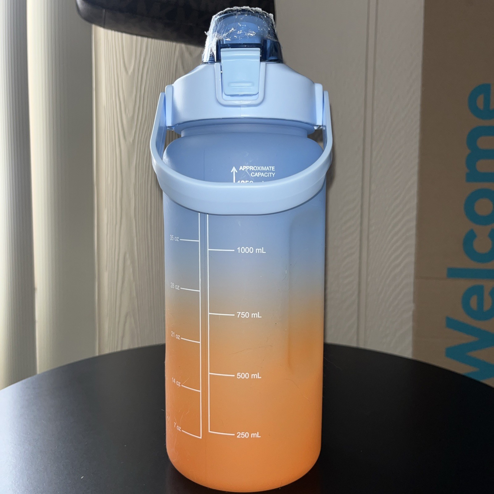 Portable Motivational Water Bottle W/Time Marker/Lanyard -Orange/Blue 1250ml