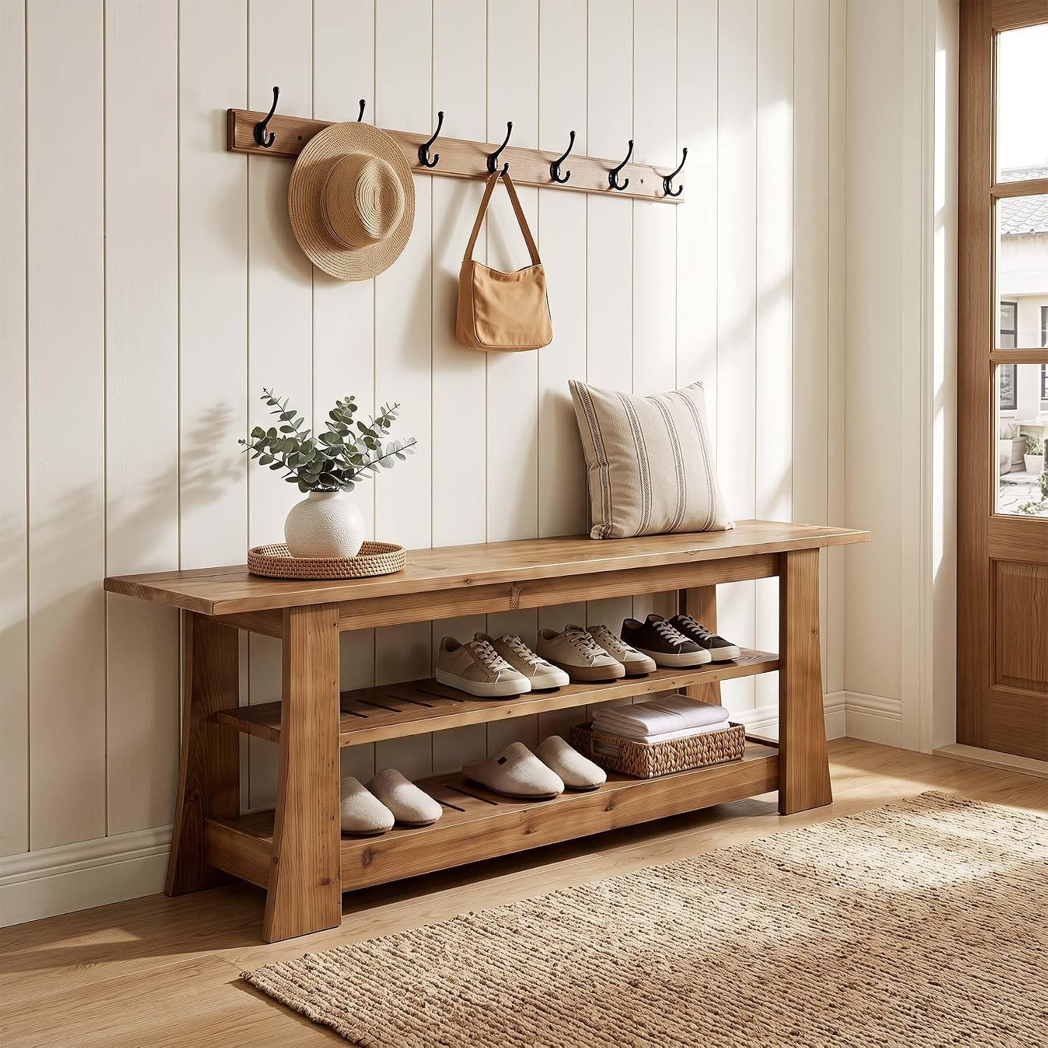 63-Inch Solid Wood Shoe Bench, Farmhouse Indoor Entryway Bench with 3-Tier Shelf