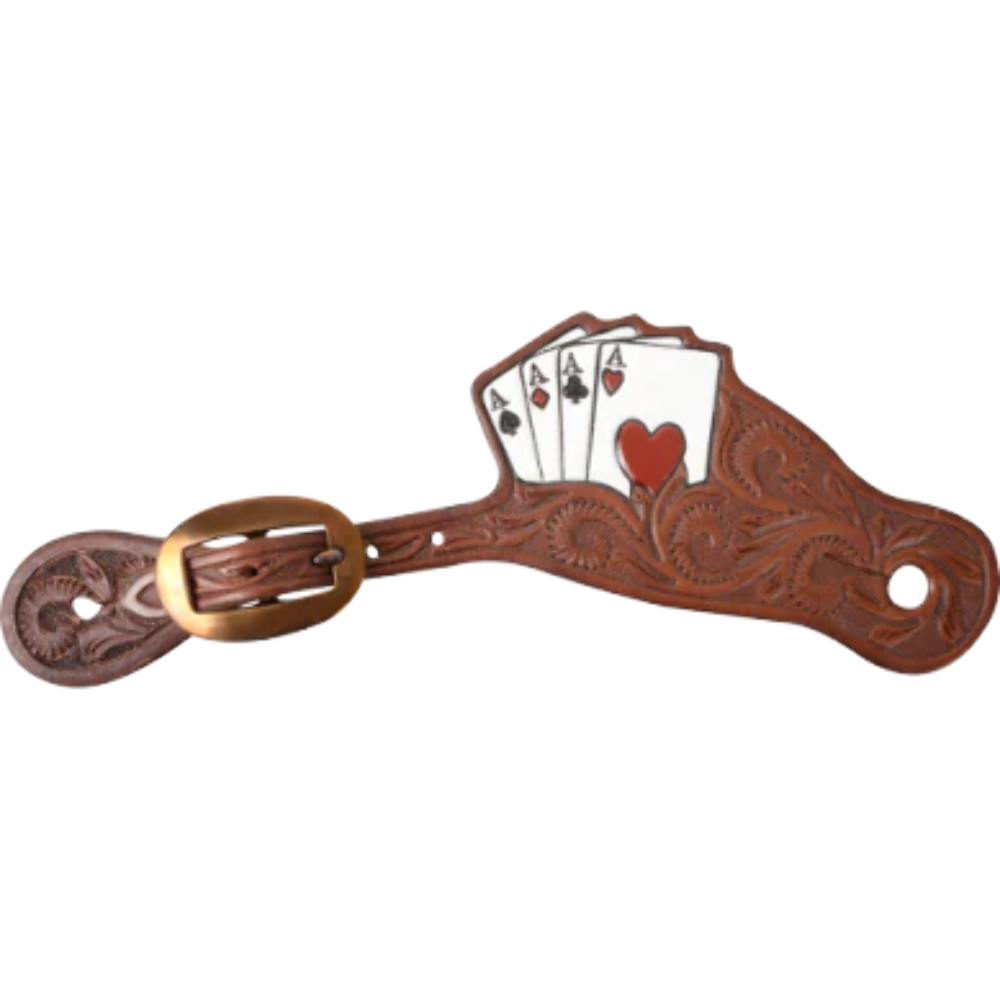 New! Adjustable Tombstone SPUR STRAPS w/ Card suite Four aces Tooling Leaf stamp