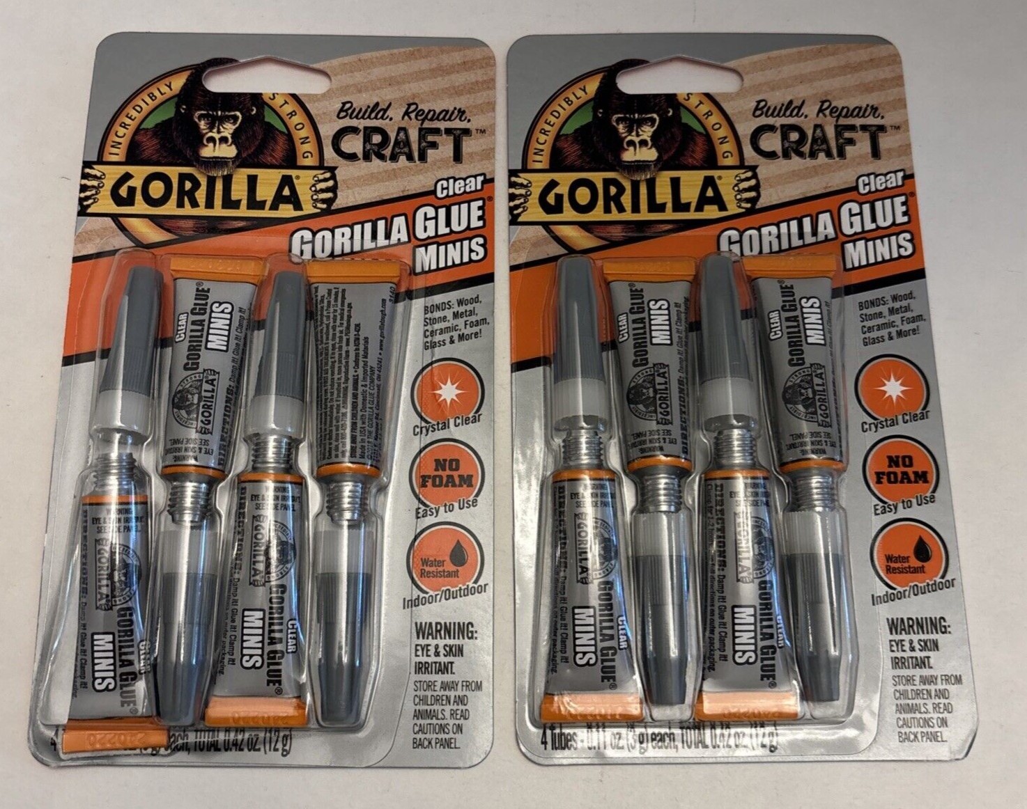 2x Gorilla Clear Glue Minis 4 Tubes Water Resistant Bonds Crystal Clear