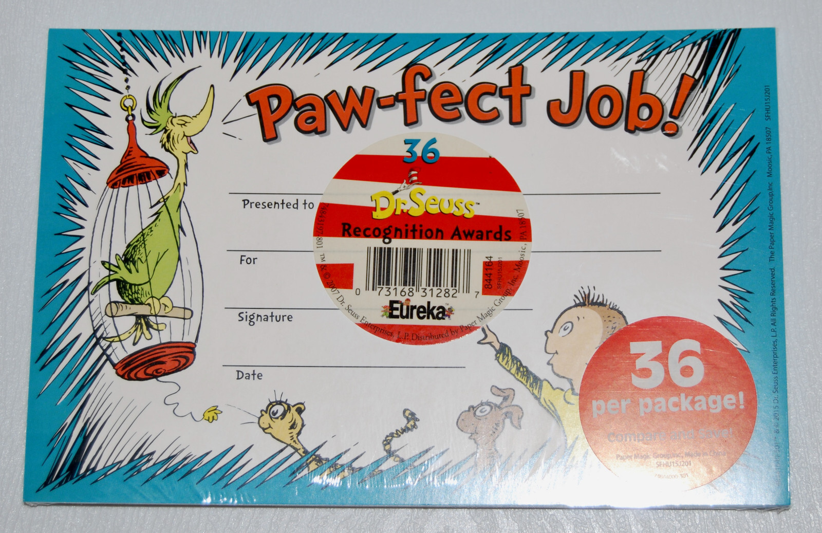 New Dr. Seuss Paw-Fect Job! 36ct Recognition Award Certificate Set