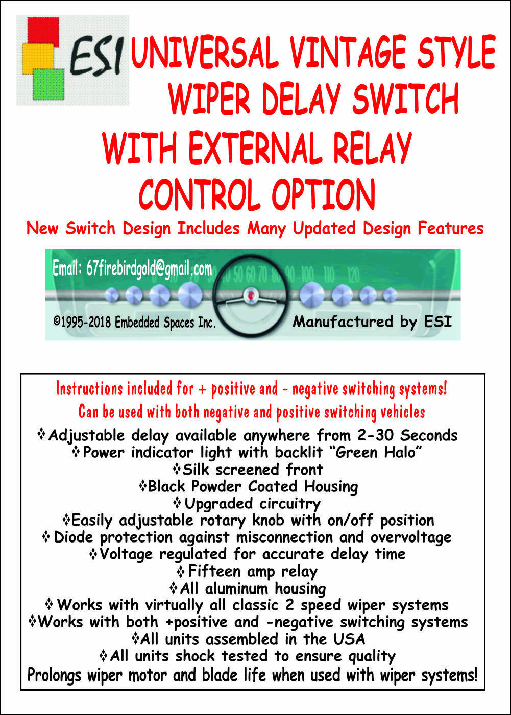 WIPER DELAY SWITCH WITH 2-30 SECOND DELAY UNIVERSAL FIT USE WITH 24 VOLT WIPERS