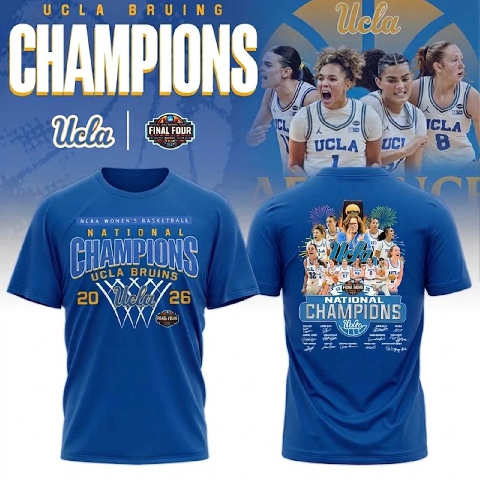 UCLA Buins T Shirt 2026 NCAA Womens Basketball National Champions Signatures Tee