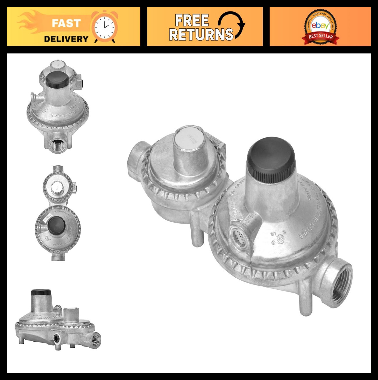 Horizontal Two Stage Propane Regulator, 1/4" Female NPT Inlet, 3/8" Outlet, Gas